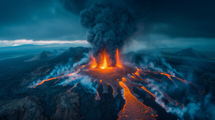 A volcano erupts with smoke and fire, creating a dramatic and intense scene