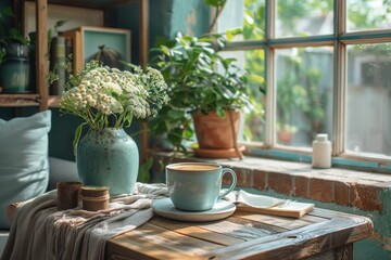 Fototapeta na wymiar A beautiful corner with a coffee cup, fresh plant, and soft sunlight, representing a peaceful break or a serene beginning of the day