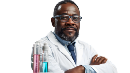 A confident chemist isolated on a transparent background, PNG, Ai