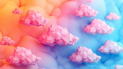 A 3D illustration of geometric clouds floating on a background of vibrant