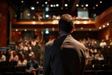 Rear view of a professional speaker facing a diverse audience in a conference hall, preparing to deliver a presentation.