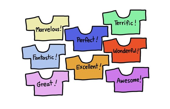 Hand drawn picture of colorful t-shirts with hand written vocabulary. Illustration for Education. Concept, English teaching about synonyms compliment words lesson . Teaching aid. 