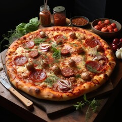 Photograph of pizza in a professionally lit background that looks delicious.