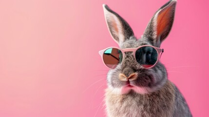 Cute funny bunny wearing sunglasses on color background