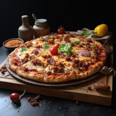 Photograph of pizza in a professionally lit background that looks delicious.