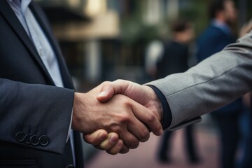A handshake for a successful businessman and a good deal, smiling, energetic.