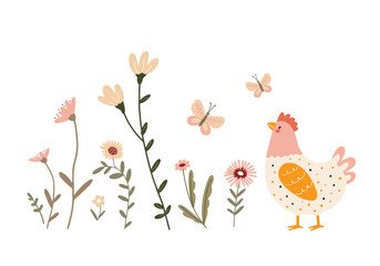 Adorable vector illustration of a chicken among spring flowers and butterflies on a white background