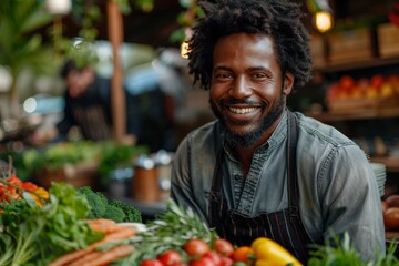 A smiling man in an apron standing amidst a colorful array of fresh market vegetables