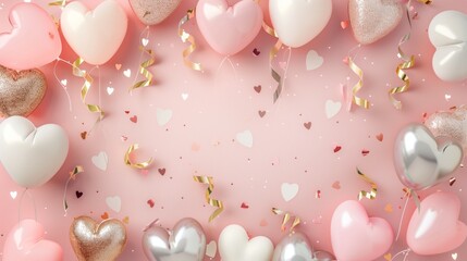 Heart-shaped balloons with gold ribbons on a pink backdrop