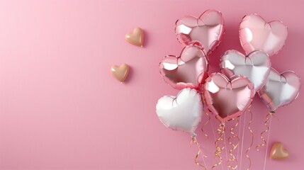 Heart-shaped balloons in pink and white with golden strings on pink background