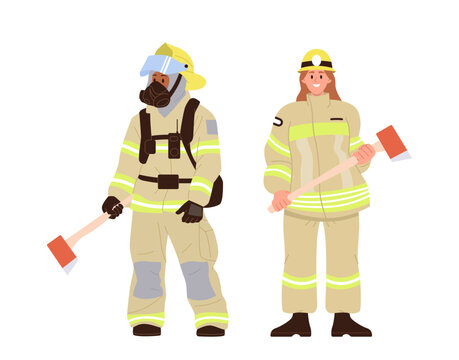 Man woman firefighters cartoon characters wearing protective uniform holding axe isolated on white