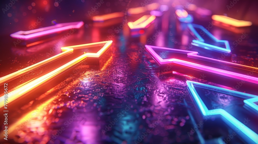 Poster a 3d render of glowing neon arrows against a background of random color