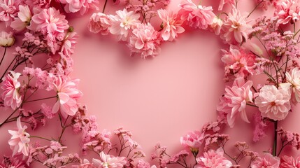 Fototapeta na wymiar A heart-shaped frame of pink and white flowers on a pink background