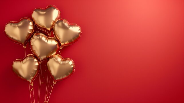 Gold heart-shaped balloons on a solid red background for celebration