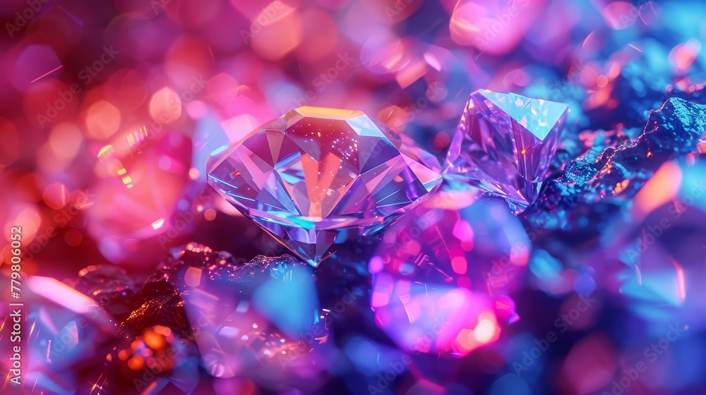 Poster a 3d render of glowing neon diamonds against a background of random color