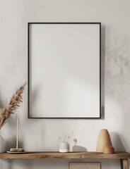 mock up poster frame in Beige interior, living room, Scandinavian style, 3D render, 3D illustration