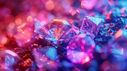 A 3D render of glowing neon diamonds against a background of random color