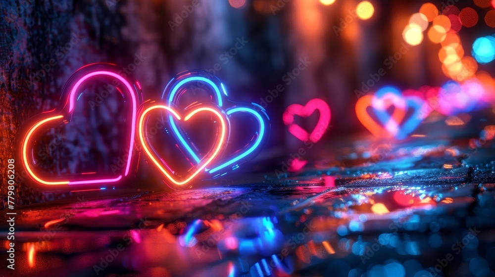 Poster a 3d render of glowing neon hearts against a background of random color