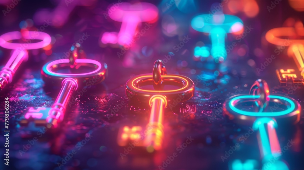 Poster a 3d render of glowing neon keys against a background of random color