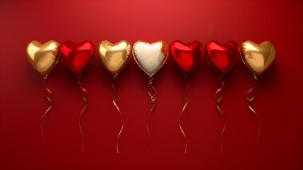 Metallic heart-shaped balloons with ribbons on a red background