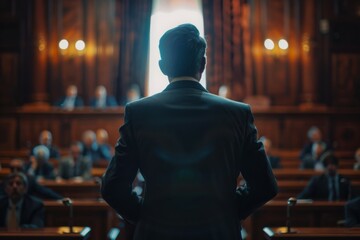 Back view of a confident male lawyer speaking in a courtroom with blurred audience in the background. - obrazy, fototapety, plakaty