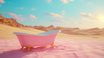 Minimal concept of fashionable pink woman bathtub in the desert. Pastel colors and blue sky with dunes and clouds in the background. - obrazy, fototapety, plakaty
