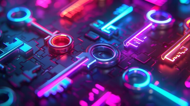 A 3D render of glowing neon keys against a background of random color