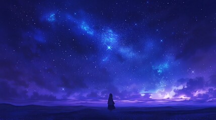 Obraz na płótnie Canvas Silhouette one woman standing open field starry night sky universe stars clouds