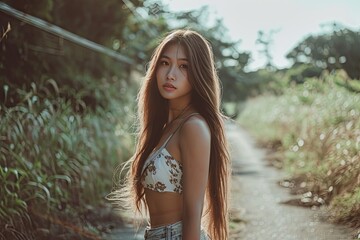 Portrait photo of a bright Asian girl enjoying a summer vacation is a relaxing photo.