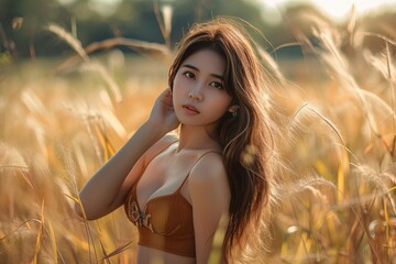 Portrait photo of a bright Asian girl enjoying a summer vacation is a relaxing photo.