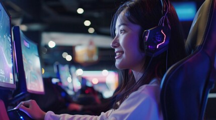Side view portrait of smiling japanese girl gamer in a e-sports tournament
