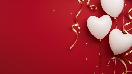 White heart-shaped balloons with golden ribbons on a red backdrop