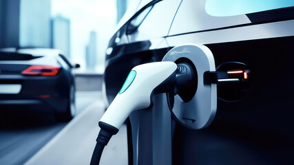 Close-up of electric car charging. Electric vehicle is an automobile of the future, alternative ecology transportation,clean energy for refueling concept.Generative AI - obrazy, fototapety, plakaty