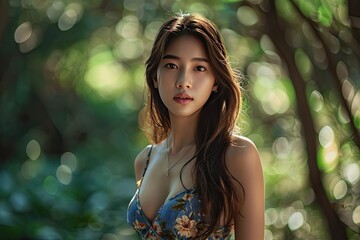 Portrait photo of a bright Asian girl enjoying a summer vacation is a relaxing photo.