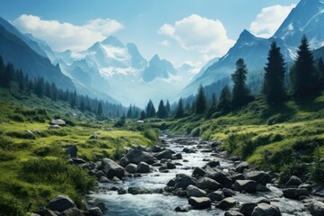 Photos of mountains and nature with trees and a stream in the middle are beautiful Land photos.