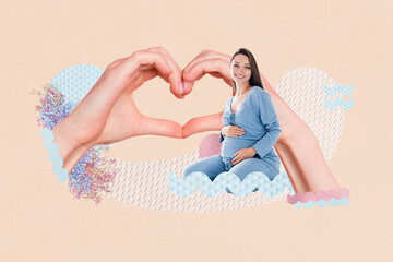 Collage 3d image retro of pregnant female hands show heart symbol mother day feel love celebration...