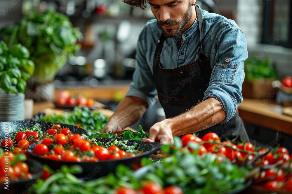 Poster professional chef adding greens to a pan surrounded by an array of fresh vegetables, showcasing culi