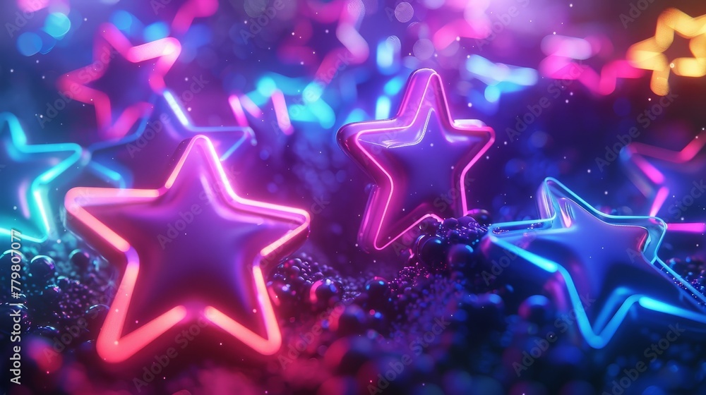 Aufkleber a 3d render of glowing neon stars against a background of random color