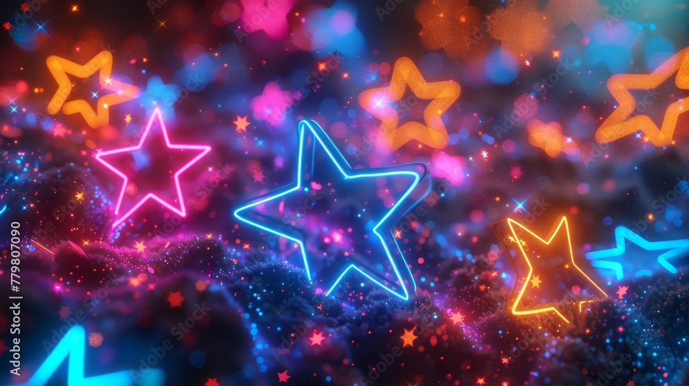 Aufkleber a 3d render of glowing neon stars against a background of random color