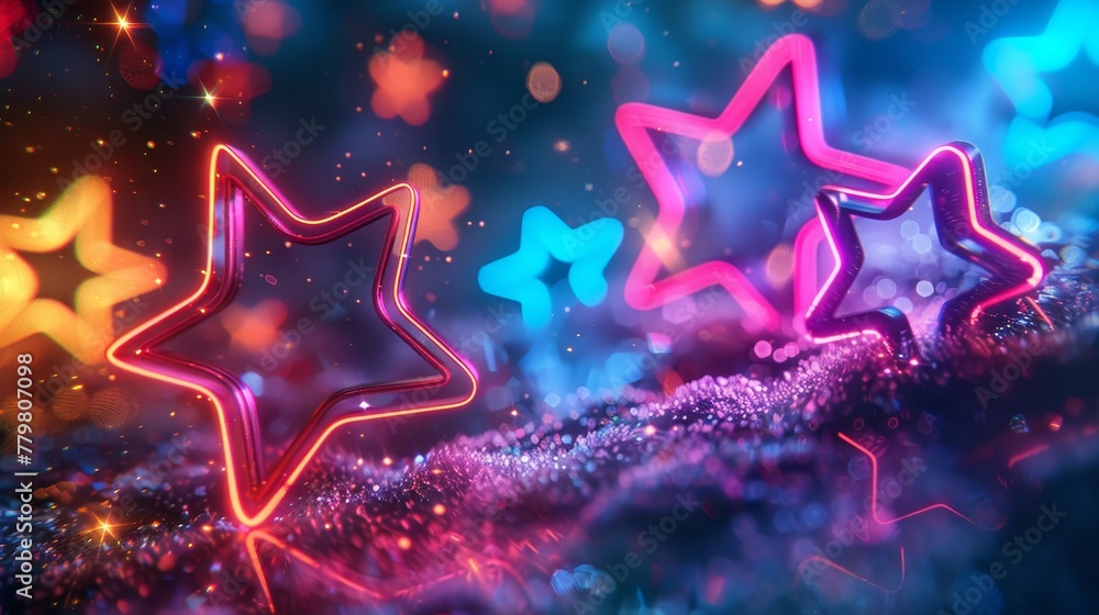 Poster a 3d render of glowing neon stars against a background of random color