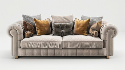 Transparent background 3D rendering of a sofa with accompanying decor