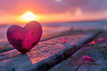 Fototapeta premium A pink heart sitting on top of a wooden bench