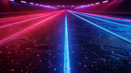 A 3D render of glowing neon track and field