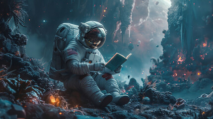 Surreal space transport scene an astronaut and friendly monsters engaged in reading