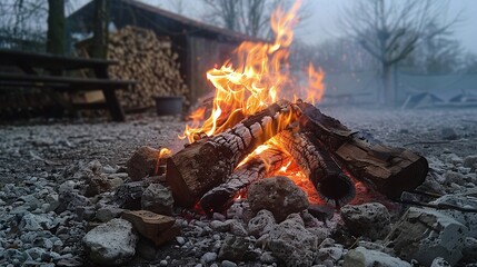 The smell of smoky wood permeating the air around the bonfire - obrazy, fototapety, plakaty