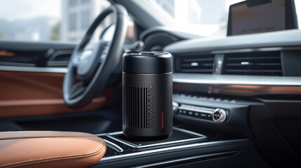 Vehicle interior with a portable air purifier, depicting a proactive approach to clean air and wellness on the road
