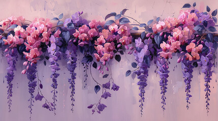 Hanging wisteria blooms in purple and pink on a painted background. Artistic floral wall art. Spring and serenity concept. Design for wallpaper, greeting card, invitation.