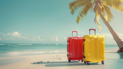 Vibrant suitcases on a tropical beach with a palm tree and ocean view