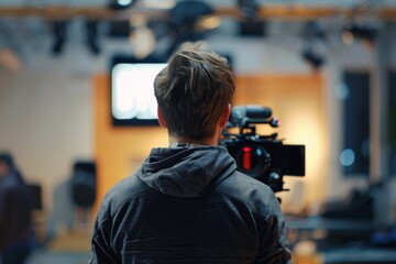 Rear view of a male cameraman operating a professional video camera in a production studio setting.