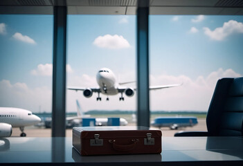Suitcase at the airport, in the background the plane takes off, travel and business concept - obrazy, fototapety, plakaty